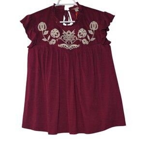 Knox Rose Womens Embroidered Maroon Blouse With Tassel Tie Size Large, NWT.